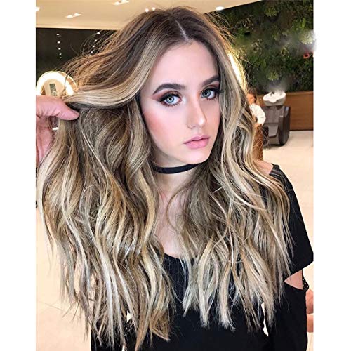 Ombre Blonde Wig Wavy Soft Brown Roots Ash Blonde Ombre Wigs for Women Glueless Long Wavy Synthetic Wig with Middle Parting Heat Resistant 27 Inches
