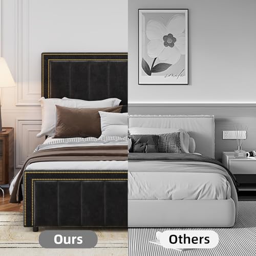 Image of BarnFurin King Size Size Bed Frame with 50 inch Tall Headboard and Footboard, Chenille Upholstered Bed Frame, Vertical Channel Tufting with Nailhead Trim, No Box Spring Needed, Easy Assembly, Black