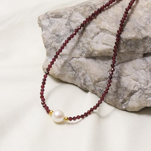 A&M Gems Natural Gemstone 3-3.5 mm Round Faceted Beaded Necklace for Women 7-10 mm Freshwater Pearl Choker Style Gold Plated Hypoallergenic Non-Tarnish Handmade Jewelry 18 Inches4