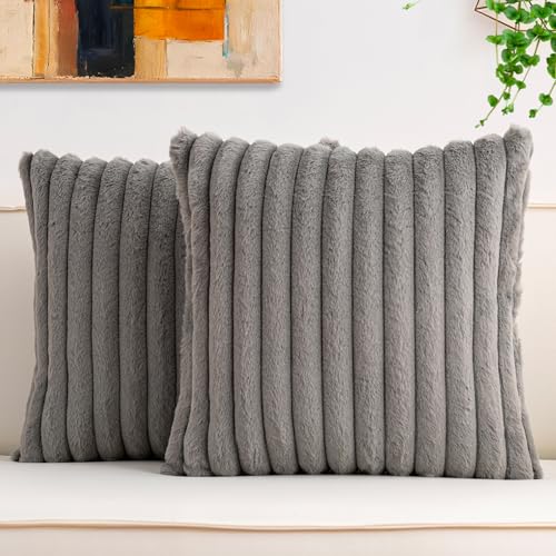 Aegero Pack of 2 Faux Fur Christmas Throw Pillow Covers 18x18 Inch Soft Plush Striped Neutral Couch Pillow Cover with Velvet Back Modern Home Decor for Sofa Living Room Couch Bed Dark Grey