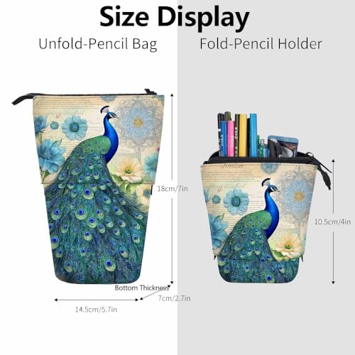 Image of Swono Peacock Pencil Pouch Elegant Big Bird Floral Stand Up Pencil Case Organizer Pencil Holder Makeup Bag Gift Colorful