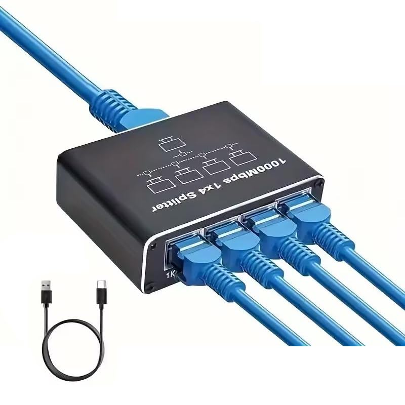 Image of Ethernet Splitter 1 to 4 Gigabit 1000Mbps - RJ45 LAN Network Adapter Hub with USB-C Power, Cat8 /Cat7 /Cat6 /Cat5e Compatible - Plug & Play Internet Cable Splitter for 4 Devices, Black ETHSP-1B4