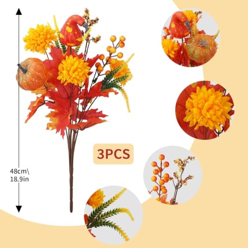Image of 3 Bundles Fall Artificial Flowers with Pumpkin Mums Fall Cemetery Flowers