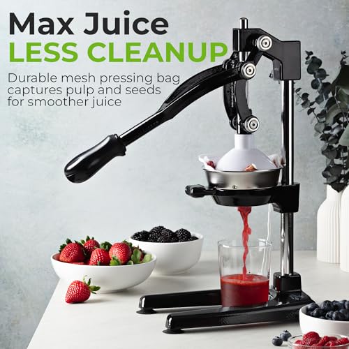 Image of Zulay Kitchen Pulperizer 9 in 1 Cast Iron Juicer - Easy-to-Clean Heavy-Duty Manual Juicer with Presser Attachment to Juice All Types of Fruits! Extra Tall with Stainless Steel Bowl - Black