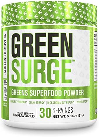 Jacked Factory Herbal Supplement Green Surge Superfood Powder - Keto Friendly w/Spirulina, Wheat & Barley Grass, Probiotics and Digestive Enzymes, Immune Support, Boost Energy - Unflavored, 1 Pack