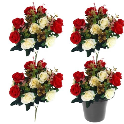Flores de cementerio con macetas de flores 4 racimos de tumbas de rosas artificiales y 1 jarrones conmemorativos, 16 agujeros soportador de inserción ＆ 12 cabezas de seda para decoración, arti