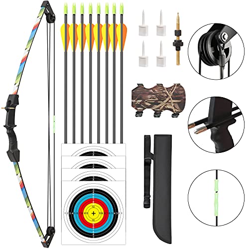 Aimdor Archery Bow and Arrow Set Youth Compound Bow and Arrow Practice Bow Kids Bow Birthday Gift Bow Left and Right Hand Bow Beginner Bow with 8 Arrows and Quiver for Outdoor Play Camo