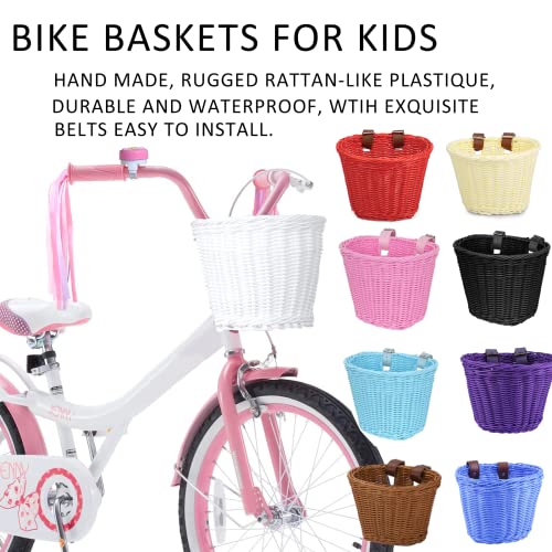 Fahrradkorb für Kinder, SILARLAIT Kinderfahrradkorb Vorne Geflochten aus Kunststoff mit Lederriemen, Abnehmbar, Fahrradkorb Lenker Kinder für für Junge und Mädchen