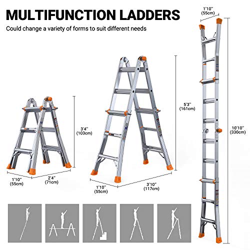 OT QOMOTOP 13 FT Multi-Position Telescoping Ladder for Home Use Roof RV Outdoor Activities, Easy to Move Aluminum Step Ladder with Non-Slip Design, 300lbs Duty Rating
