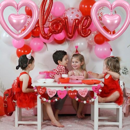 Valentines Pink Heart Balloons 30 Inch Valentine Balloons Set, Valentines Day Foil Balloons for Vale