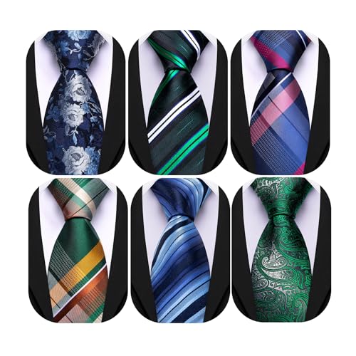 Image of Barry.Wang Mens 6 PCS Ties Silk Striped Paisley Check Floral Necktie Silky Woven Wedding Business Party Ties 3.34 inch