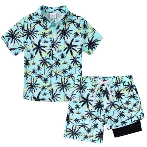 Image of UNICOMIDEA Boys Hawaiian Outfits Kids Beach Outfit Size 11 12 Button Down Shirts and Swim Short Hawaii Tropical Plam Tree Print 2 Pieces Sets Vacation Party