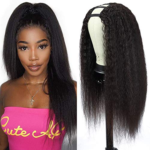 U Part Wig Human Hair Kinky Straight Human Hair Wigs, 16 inch Italian Upart Human Hair Half Wig Remy Yaki Straight Wigs for Black Women Human Hair 2x4 U Shape Clip in Human Hair Wigs