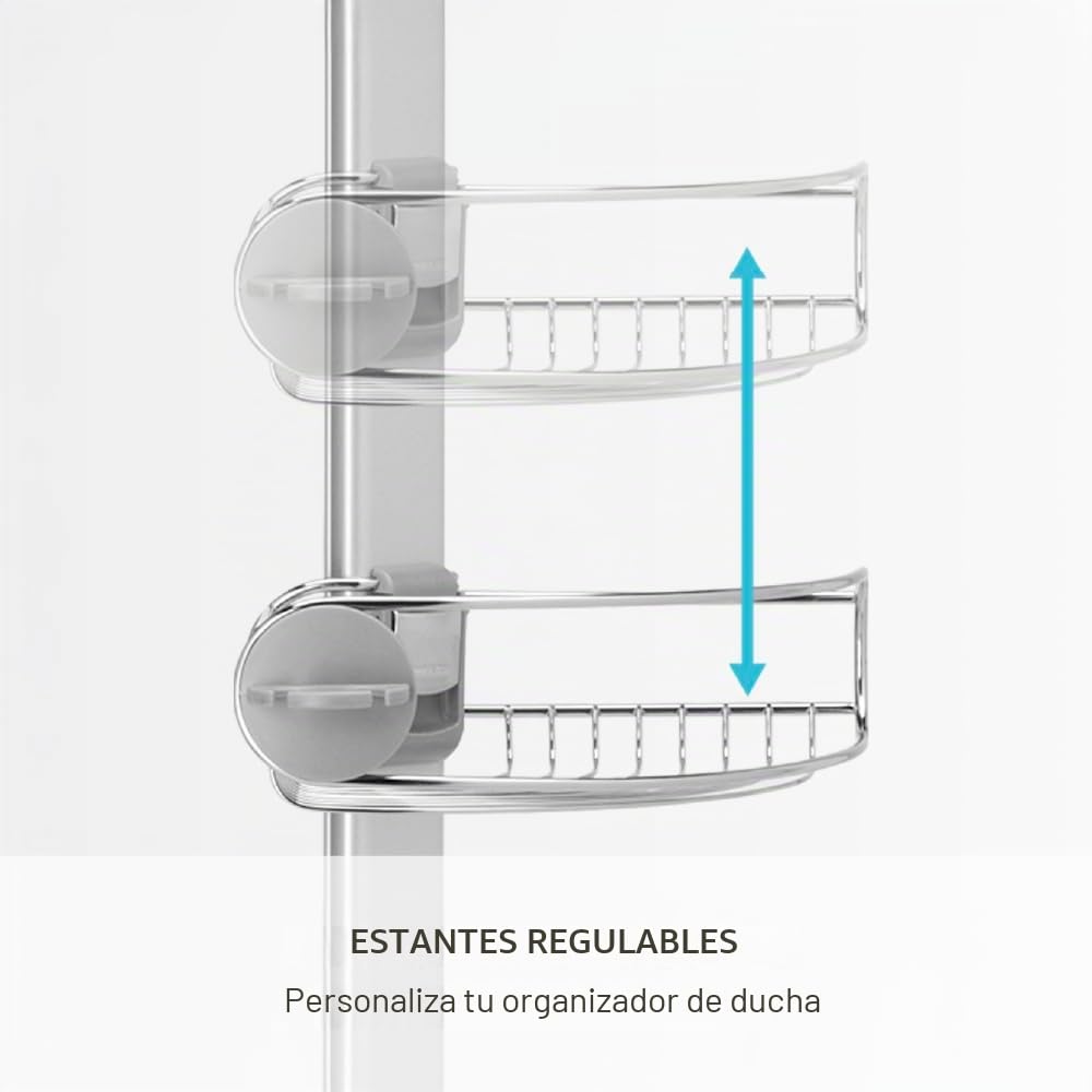 simplehuman BT1109DC - Organizador telescópico de ducha de tensión media, estante esquinero de almacenamiento, se extiende de 1,5 m a 2,4 m, fácil de instalar, sin taladrar, resistente al óxido,