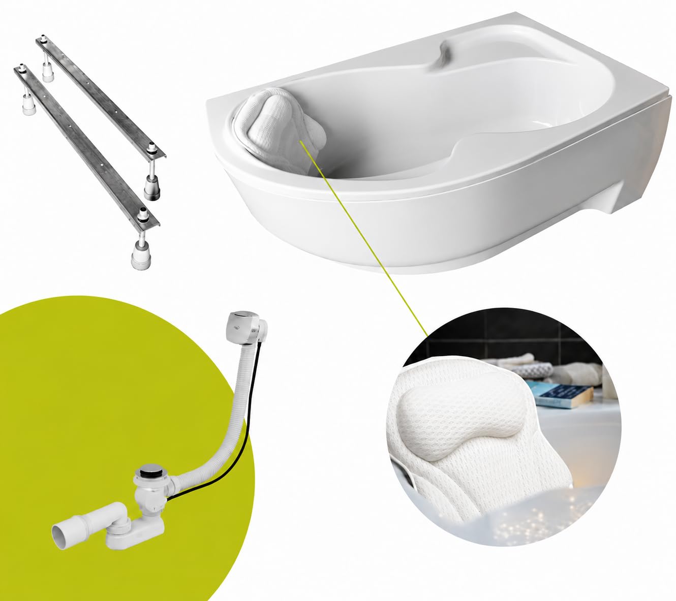 Wanna narożna ECOLAM® WELA 170x100 cm PRAWA z obudową | Wanna akrylowa, Wanna sanitarna akrylowa | Obudowa akrylowa + zagłówek Mare + automatyczny spust i armatura przelewowa | Antypoślizgowe, łatwe w