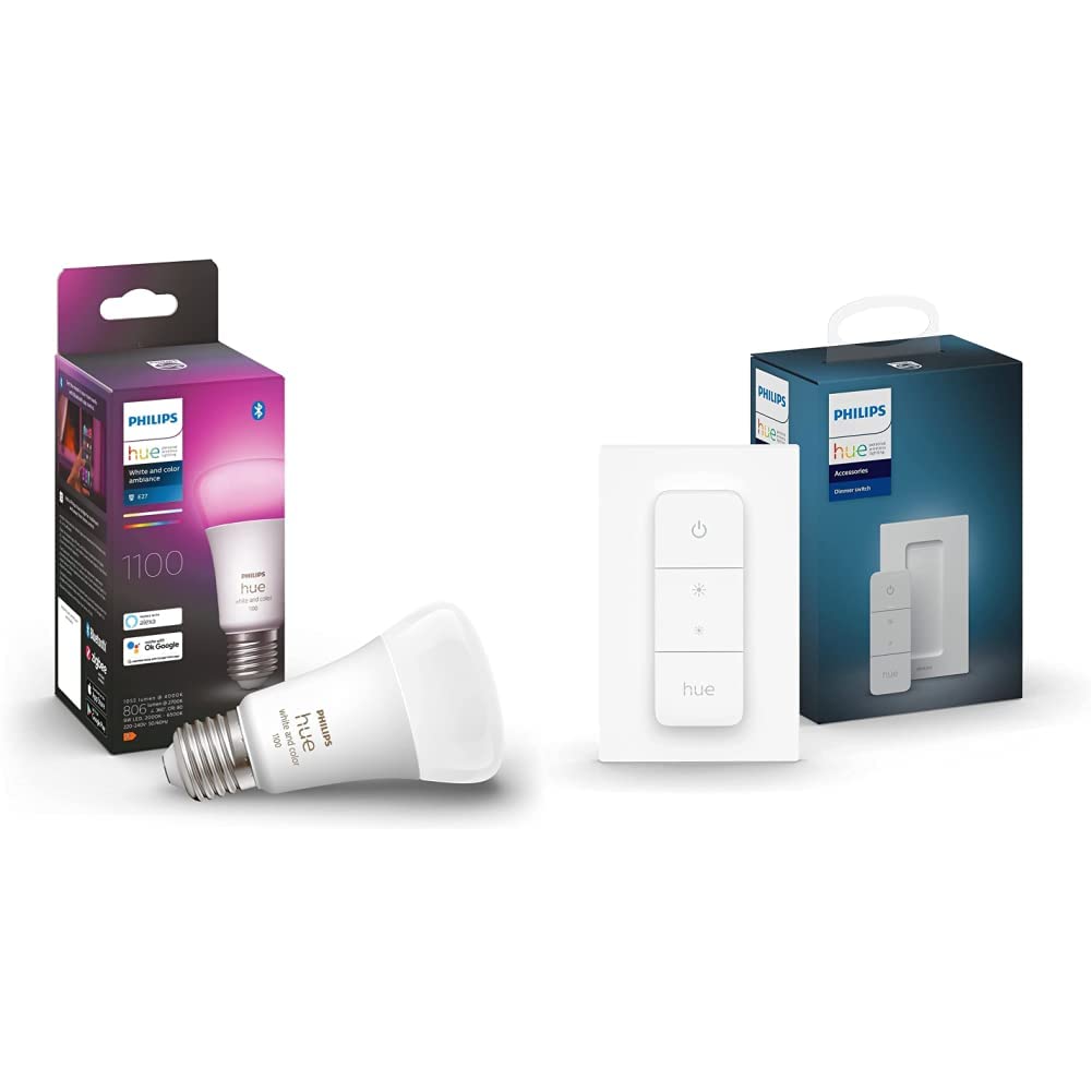 Philips Hue White and Color Ambiance, ampoule LED connectée E27, Equivalent 75W, compatible Bluetooth & Hue Dim Switch Télécommande nomade variateur de lumière V2