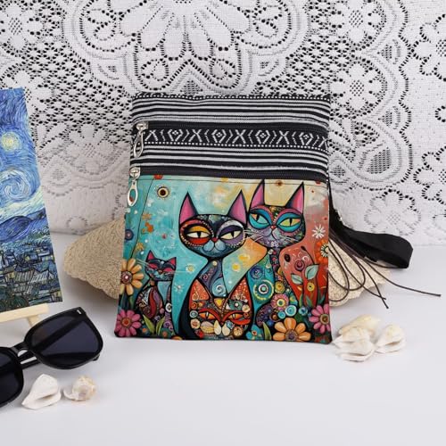 Geometric Floral Cat Print Women Crossbody Bag Adjustable Unisex Shoulder Bag with Zipper Closure Artistic Gift for Birthdays & Festive Celebrations Men Outdoor Travel Cat Purse3