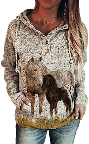 Women's Horse Hoodie, Long Sleeve Horse Print Hooded Sweatshirt with Pockets Button Up Drawstring Hoodie (Khaki2, XXL)