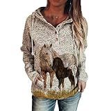 Women's Horse Hoodie, Long Sleeve Horse Print Hooded Sweatshirt with Pockets Button Up Drawstring Ho