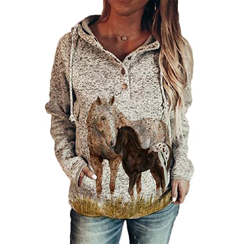 Women's Horse Hoodie, Long Sleeve Horse Print Hooded Sweatshirt With Pockets Button Up Drawstring Hoodie (Khaki2, Xxl) #TOP12