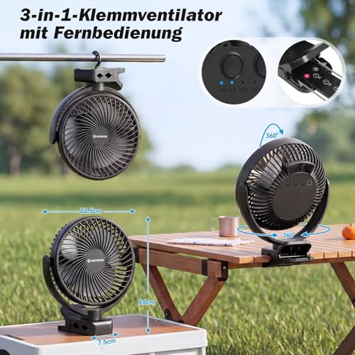Ateroll 10000mAh Clip Ventilator mit Fernbedienung, 20CM 3 Geschwindigkeiten USB Ventilator Akku mit Timer&LED-Lichtern,360° drehbarer batteriebetriebener Tischventilator für Zuhause,Büro und Camping 3
