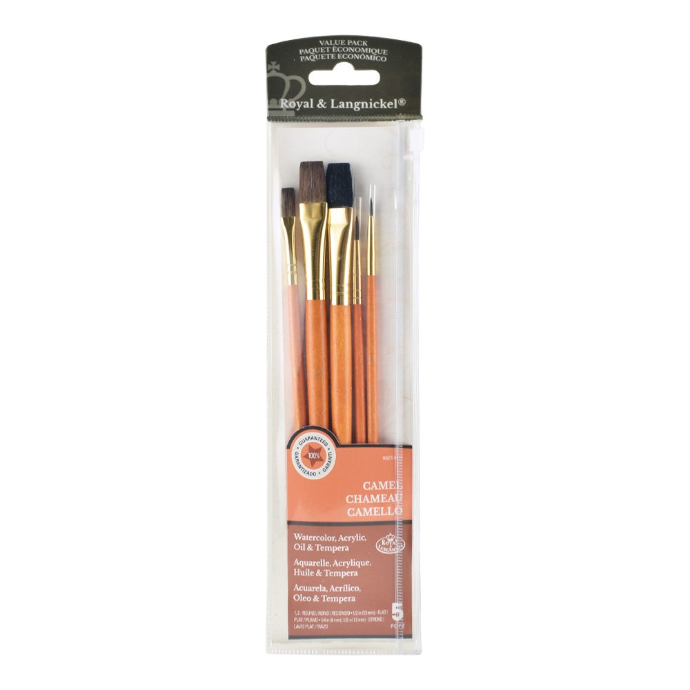 Royal & Langnickel 9115 Series, 5 Brush Value Pack in Storage Pouch, Sable and Camel Brushes, Round Sizes 1, 3, Stroke 1/4, 1/2, Flat 1/2 (RSET-9115)