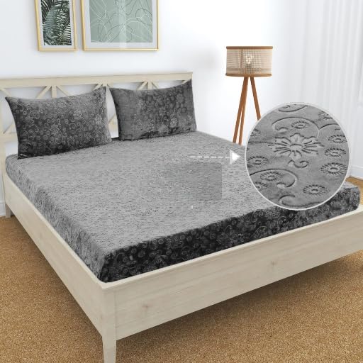 RSBS Luxurious Super Soft Winter Warm Double Bed Bedsheet | Self Print Elastic Fitted Bedsheet 2 Pillow Covers with Chain King Size Bedsheet 78 * 72 * 8 inches (Light Gray)