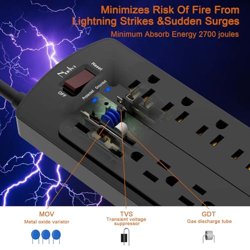 Image of Surge Protector Power Strip, Nuetsa 12 Outlets and 4 USB Ports, 6 Feet Extension Cord for Home, Office, Dorm Essentials, 2700 Joules, ETL Listed, Black