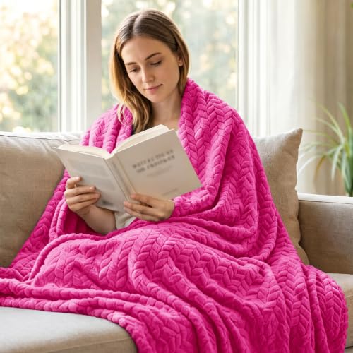 Image of Exclusivo Mezcla Fleece Throw Blanket for Couch Sofa, 50 inchx70 inch, Hot Pink | Oversized Soft Cozy Fluffy Blankets for Summer, Decorative Plush Flannel Throws for Living room, Bedroom with Leaves Pattern