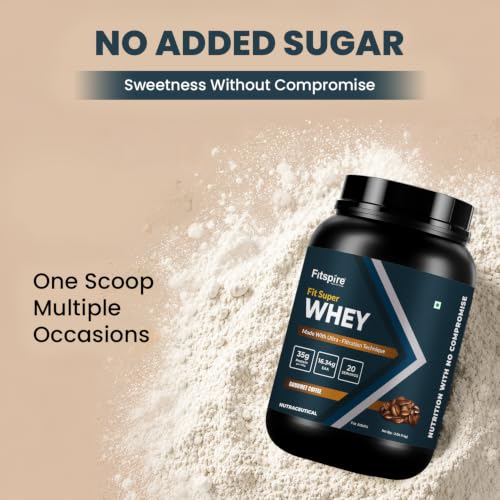 Image of Fitspire Fit Super Whey Protein Powder, Gourmet Coffee Flavour, 1kg | Whey Isolate & Concentrate Blend | 35g Protein per 100g | Digestive Enzymes for Easy Digestion | No Added Sugar | Supports Muscle Recovery & Strength