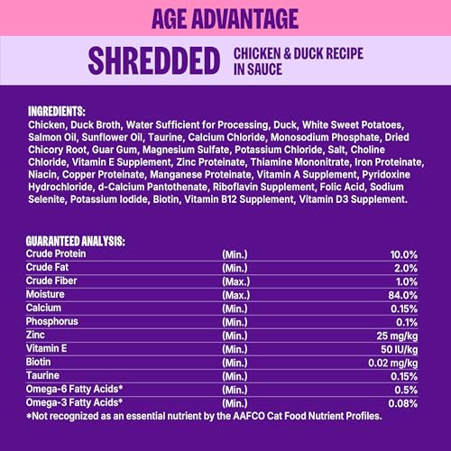 Image of Wellness Appetizing Entrees Age Advantage Shredded Senior Wet Cat Food, Natural, Protein Rich, Grain Free, Chicken and Duck Recipe, 1.4 oz, Pack of 8 Pouches