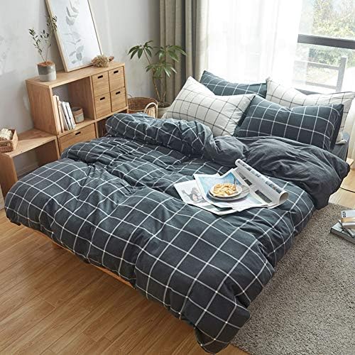 DONEUS Jersey Knit Cotton Duvet Cover Queen,Full Size Black Duvet Cover Set, Ultra Soft Comfy Plaid Grid Pattern 3 Piece Bedding Set for Kids, Teens, Boys and Girls