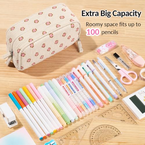 Image of Sooez Big Capacity Pencil Case Pen Pouch, Soft Corduroy Pencil Bag with 3 Compartment, Multiple Pockets, Sturdy Zipper, Cute School Supplies Pen Bag Organizer For Teen Girls-Pink Leopard Print