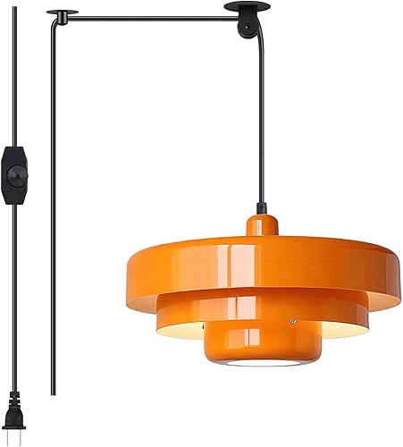 Lámpara colgante enchufable, luces colgantes naranjas de mediados de siglo con cable enchufable, pantalla de metal de 3 capas, polea ajustable,