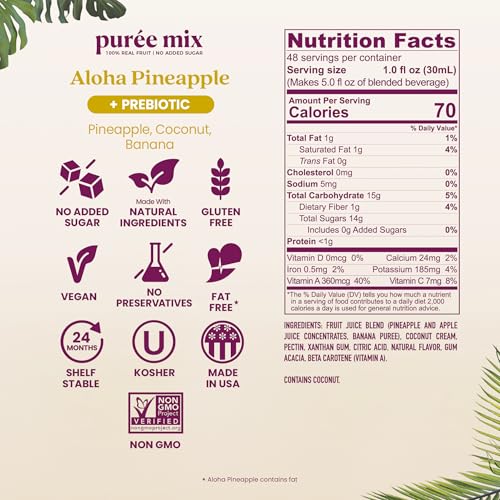 Image of Smartfruit Aloha Pineapple + Prebiotic - 100% Real Fruit Puree with Pineapple, Banana, Apple & Coconut - Great for Smoothies, Juice, Yogurt, Cocktails, Teas - High in Vitamin A - 48oz