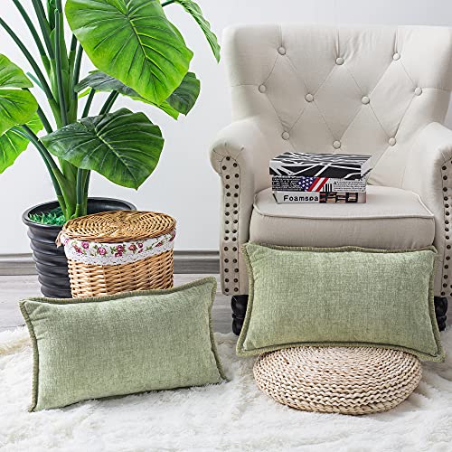 CaliTime Throw Pillow Cases Pack of 2 Cotton Thread Stitching Edges Solid Dyed Soft Chenille Cushion Covers for Couch Sofa Home Farmhouse Decoration 30cm x 50cm Sage - Image 2