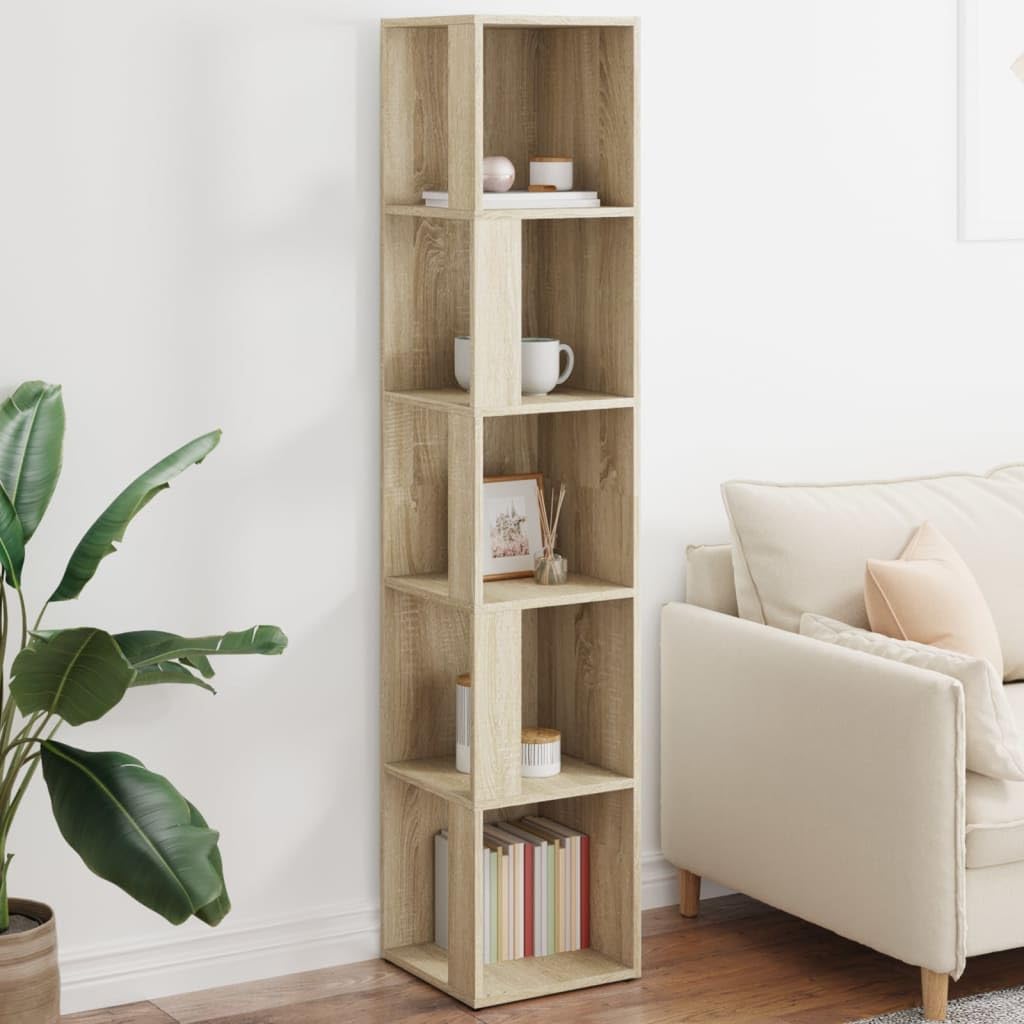 Armario esquinero de roble Sonoma 33x33x164,5 cm, estante esquinero Salón con 5 compartimientos, almacenamiento ángulo madera ingeniería para libros, CD, revistas, decoración