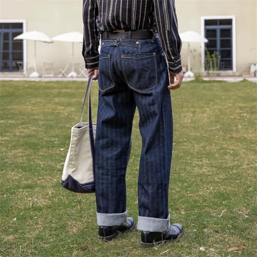 Men’S Casual Loose Fit Selvedge Denim Full Length Jeans Button Fly Midweight Striped Vintage Cinch Back3