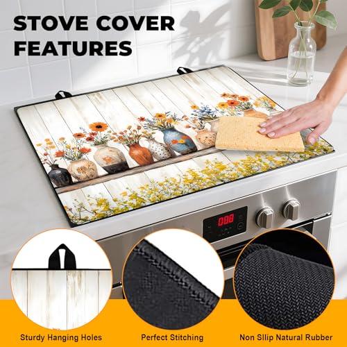 Image of Stove Top Cover Retro Flower Gas Stove Top Cover for Home Decoration Kitchen Pad Non-Stick Washable Cooktop Covers Countertop Protector Keep Stove Clean 28 inchx20 inch (Vase)