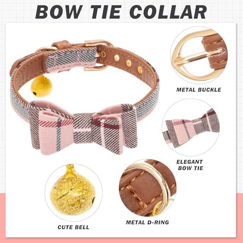 Image of EXPAWLORER Dog Collar Bandana Set - Classic Plaid Dog Bow Tie and Bandana Collar with PU Leather, Adjustable Collars for Small Medium Large Dogs Cats, Holiday Ideal Gift, Pink S