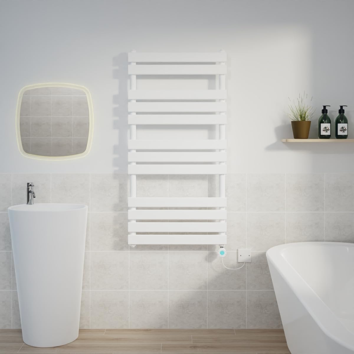 Warmehaus 1200x600mm White Designer Flat Panel Electric Heated Towel Rail Thermostatic Timer Bathroom Towel Radiator 600W