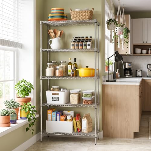 Image of BestOffice | 5-Tier Wire Shelf with Wheels | 14 inch x 30 inch x 60 inch | Chrome | Storage Shelves Metal Shelving with Adjustable Racks, Holds upto 750 lbs | Rust-Resistant No-Tool Assembly | for Home Garage