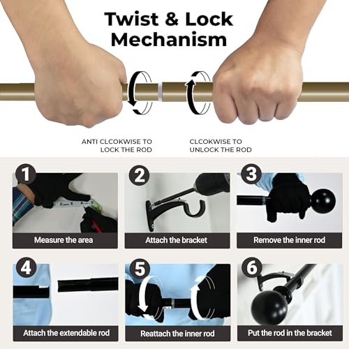Image of Deco Window Adjustable Curtain Rod for Windows 44 to 120 Inch (Pack of 1) Extendable Heavy Duty 1 Inch Iron Aries with Finials Wall Mounted Curtain Rods (Warm Gold)