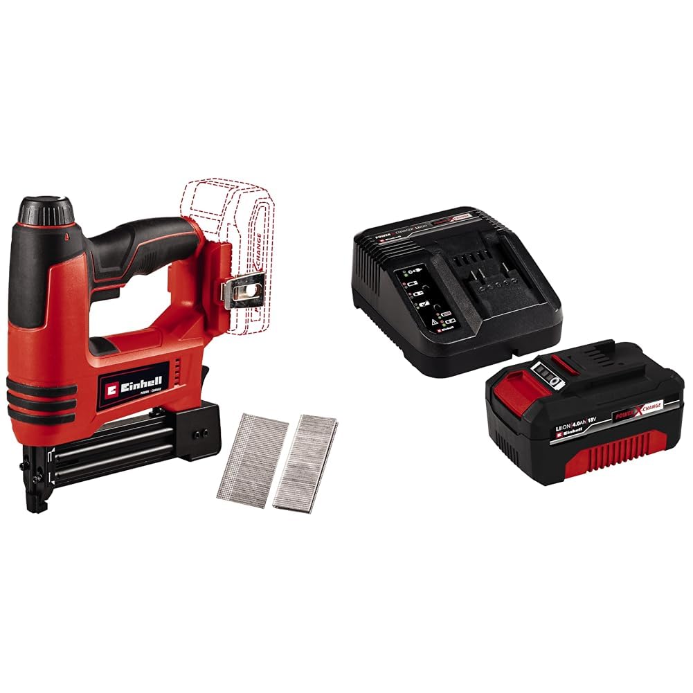 Einhell TE-CN 18 Li Solo Akku-Tacker & Einhell Power X-Change Akumulator z Ładowarką, Czarny/Czerwony, ‎12,8 x 10,5 x 5,7 cm; 1,13 kg