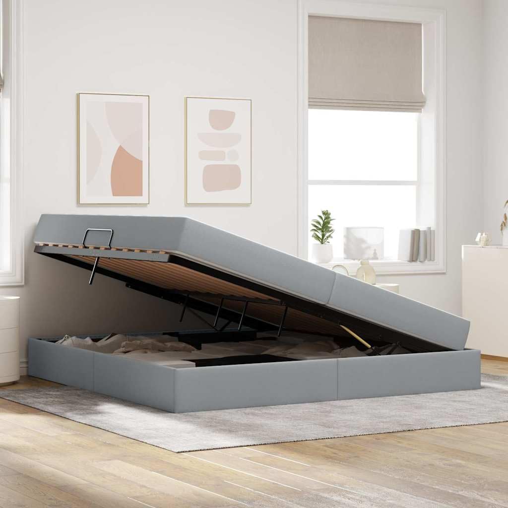 Cama de almacenamiento con colchón de 200 x 200 cm, cama tapizada con gran cajón, cama doble hidráulica, gris claro, marco de metal estable, incluye somier de láminas