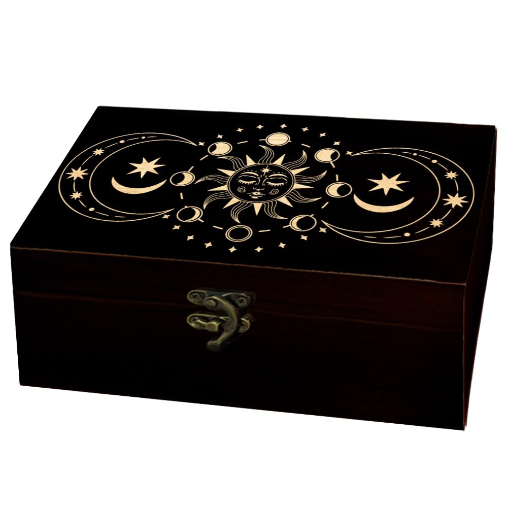 arricraft 1 Pz Scatola di Memoriale di Legno, Sun Moon Phase Intagliato Modello Rettangolo Pino Tarocchi Scatola per Anniversario Gioielli Board Storage