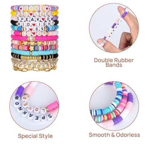 14Pcs Friendship Bracelets, Inspired Letter Bracelets Set, Colorful Stretchy Heishi Preppy Bracelets, Singer Music Lovers Fans Concert Merch Gifts for Women Favors3