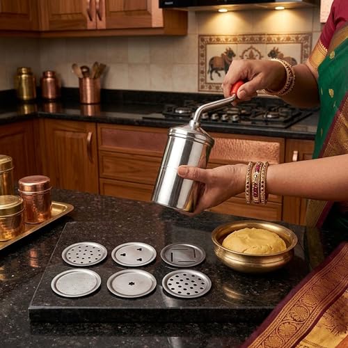 Image of Stainless Steel Sev Sancha Machine | Murukku Chakli Maker with 6 Jali Discs | Namkeen & Snacks Press Machine | Kitchen Tools for Sev, Gathiya, Sevaiya, and Chakli Making