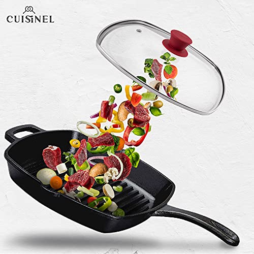 Square Glass Lid For Grill Pans With Steam Vent Hole - 10.5"-Inch/26.67Cm - Fits Lodge Cast Iron - Fully Assembled Universal Replacement Cover - Tempered And Oven Safe - Reinforced Stainless Steel Rim #TOP2