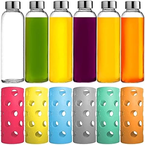 Brieftons Pack of 6 Glass Water Bottles & 6 Silicone Sleeves Cover